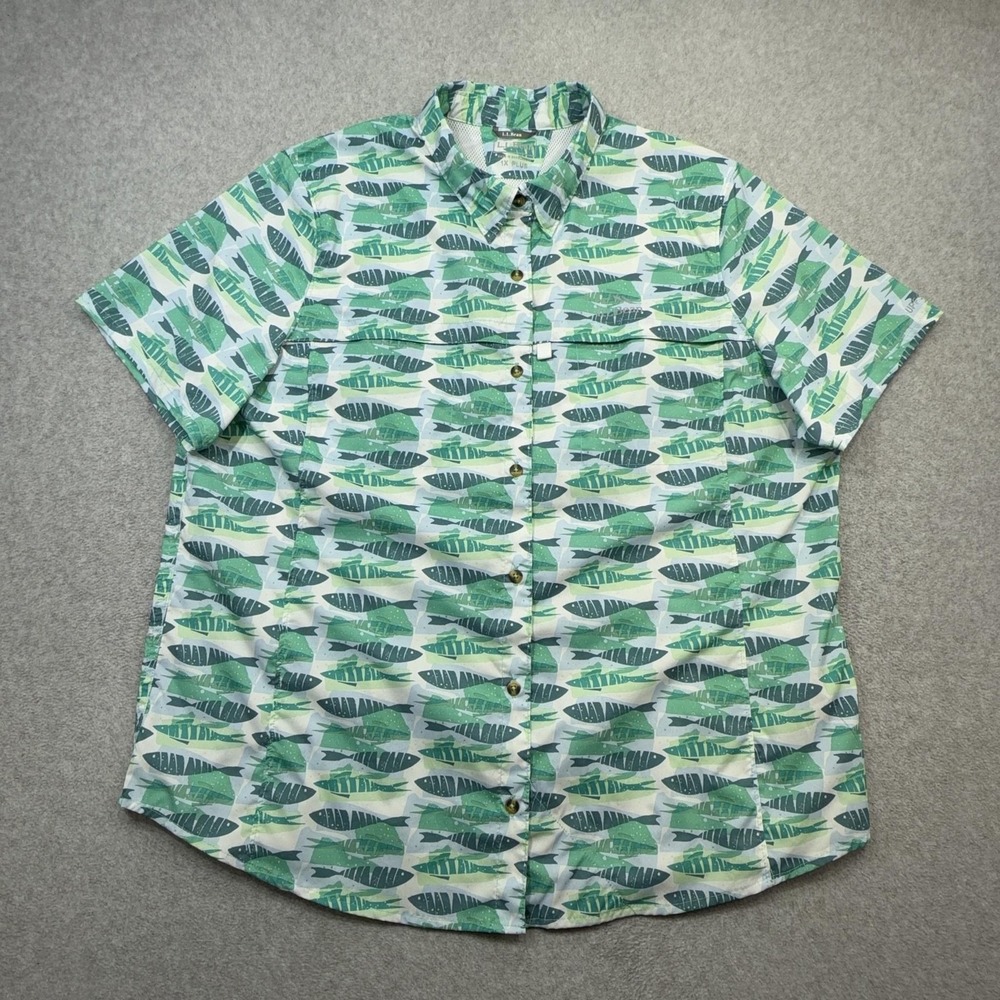 LL Bean Tropicwear Shirt Womens 1X Plus Green Fish Print Fishing Outdoor Vented